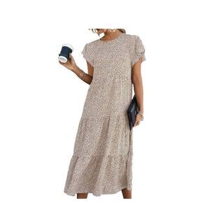 Fantaslook Animal Print Ruffle Tiered Midi Dress Beige Brown Size L Short Sleeve